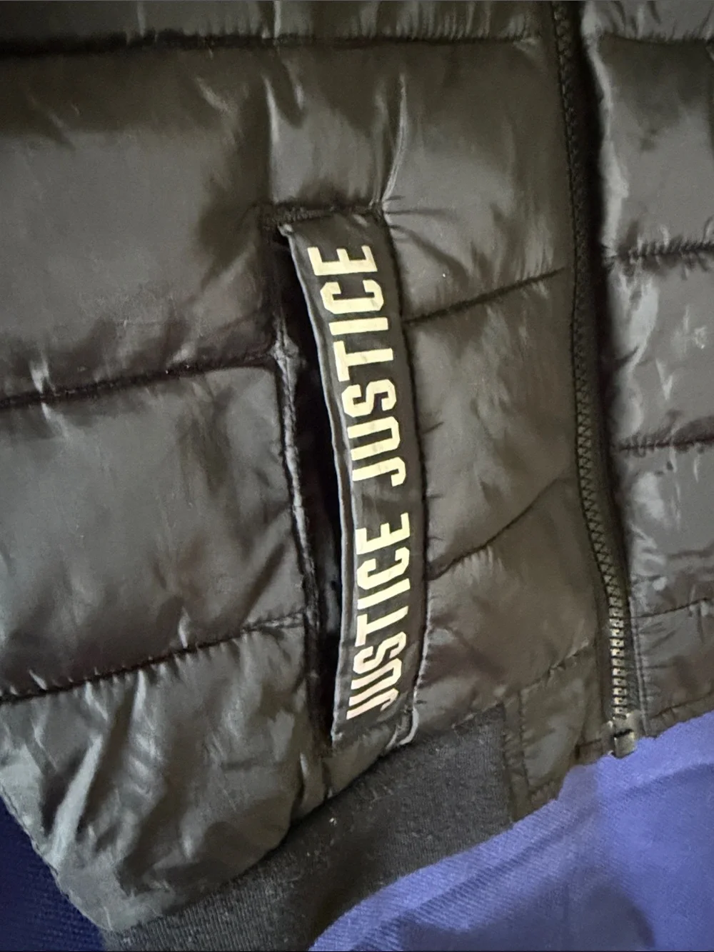 Justice Black Quilted Hooded Zip Jacket with Logo Pocket Trim